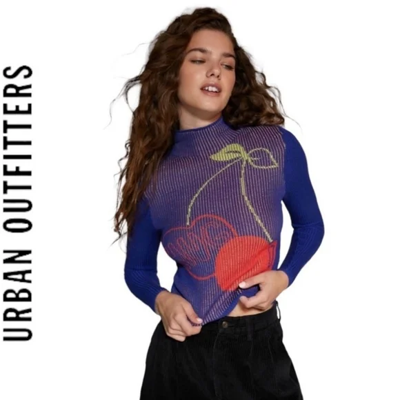 Urban Outfitters BDG Shauna Jacquard Cherry Mockneck Sweater In Navy size Medium - Picture 3 of 9